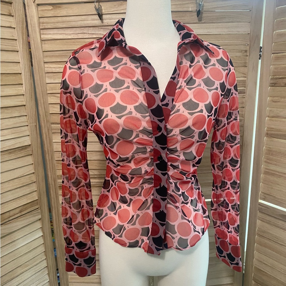 Zara sheer geometric long sleeve button down mesh top: size medium